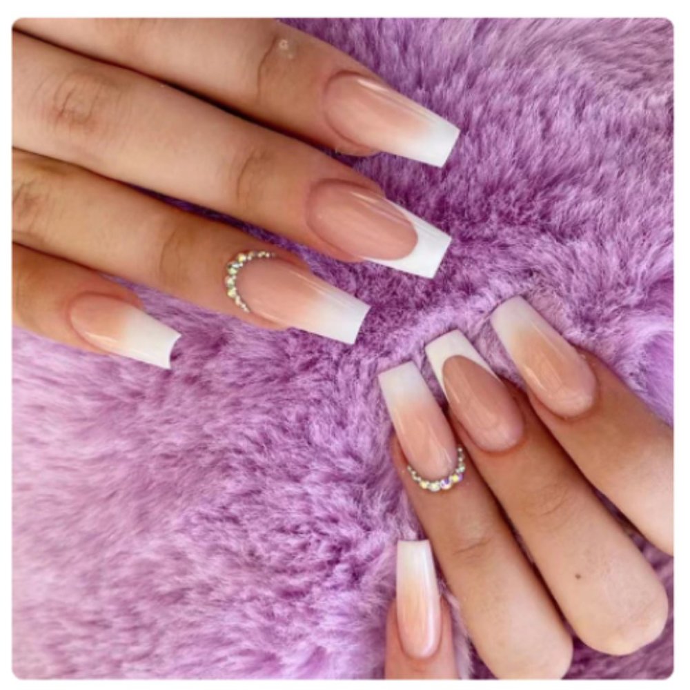 SOLD- Long Coffin French White Tip Press On Nails with Rhinestones 24 Pieces